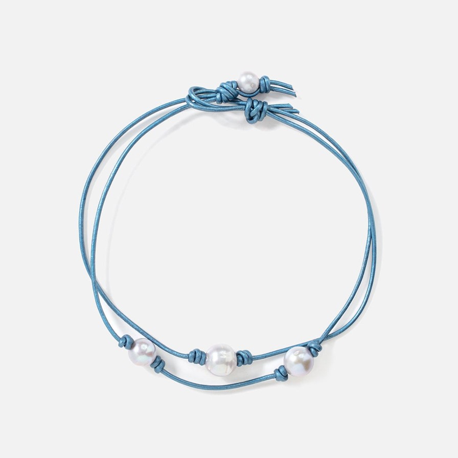 Necklaces Joie DiGiovanni | Blue Ocean Double Pearl Leather Choker