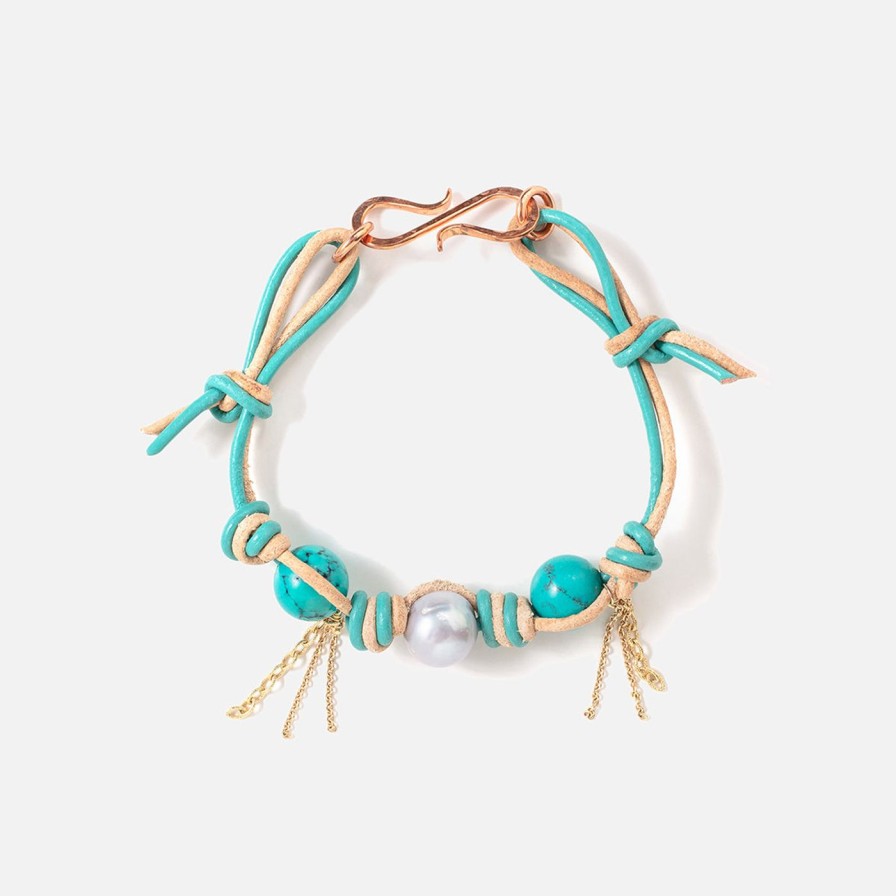 Bracelets Joie DiGiovanni | Mexican Turquoise Pearl Gold Chain Rocker Leather Bracelet