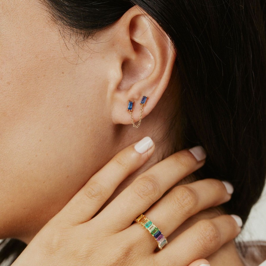 Earrings Eriness | Blue Sapphire Baguette Chain Stud