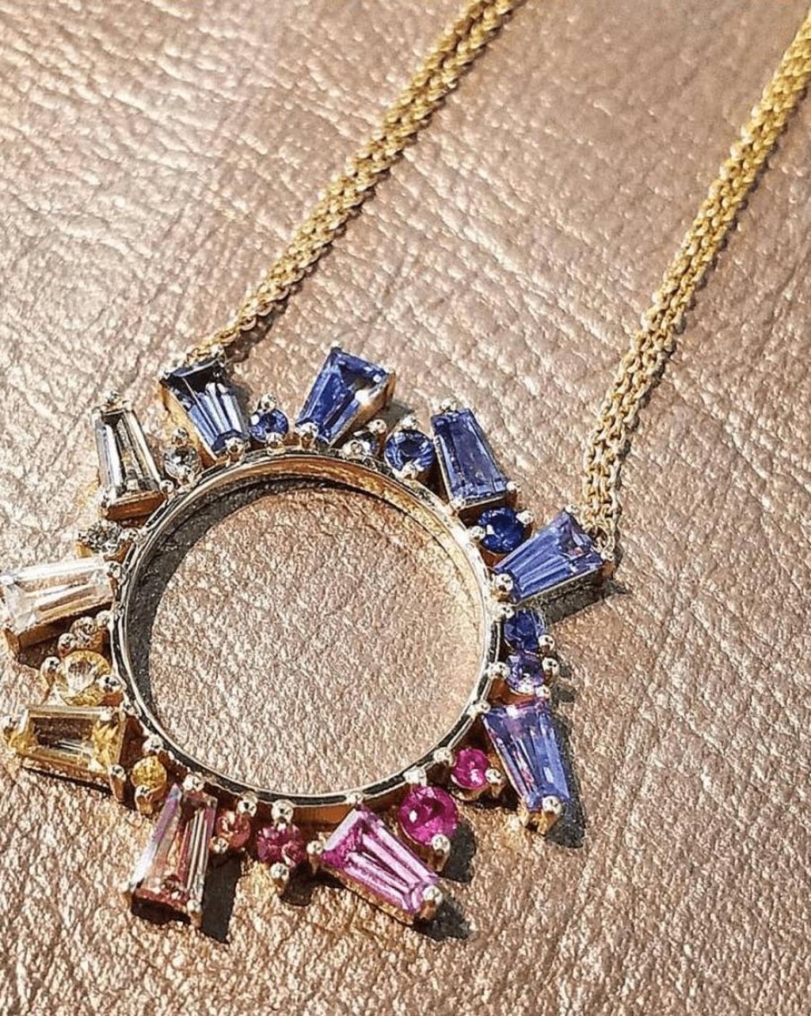 Necklaces Meredith Young | Open Circle Necklace In Rainbow Sapphires Yellow Gold