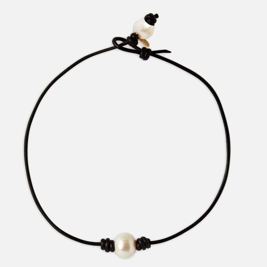 Necklaces Joie DiGiovanni | Single Freshwater Pearl And Leather Choker (Multiple Colors) Black