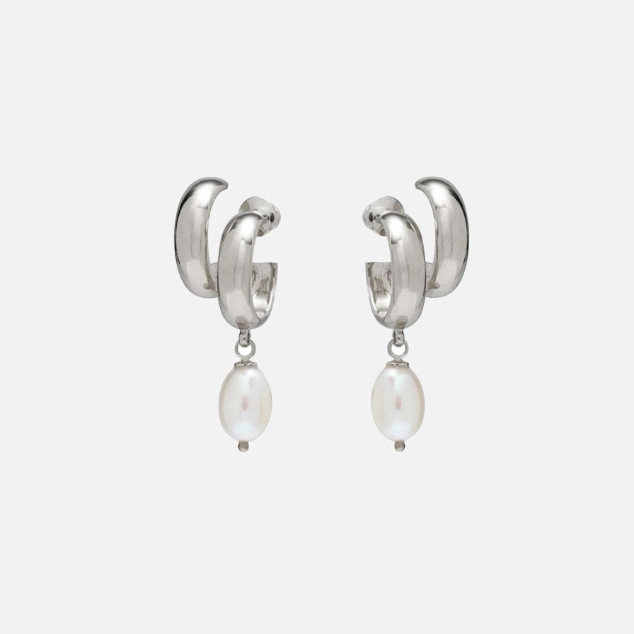 Earrings Lady Grey | Pearl Stack Hoops In Silver