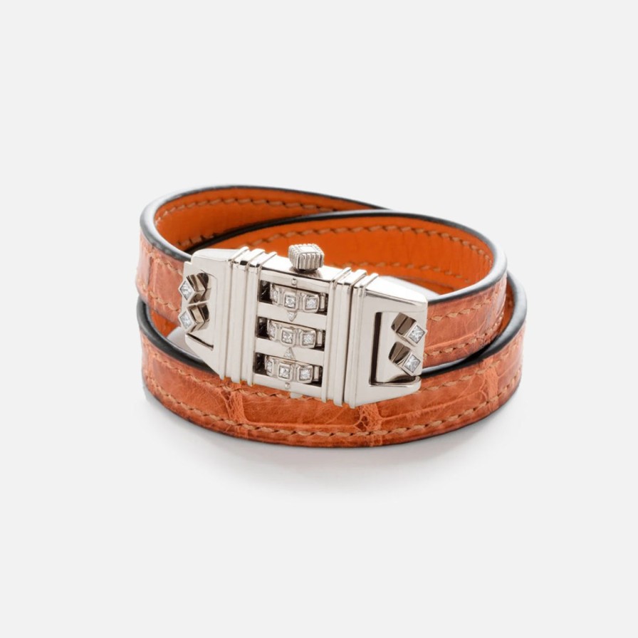 Bracelets James Banks Design | Code Bracelet, Orange Leather Sterling Silver - White Diamond - Orange Crocodile Strap