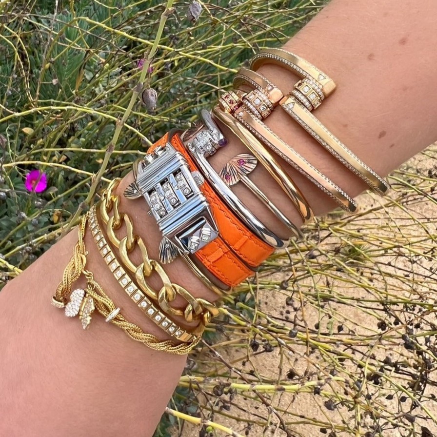 Bracelets James Banks Design | Code Bracelet, Orange Leather Sterling Silver - White Diamond - Orange Crocodile Strap