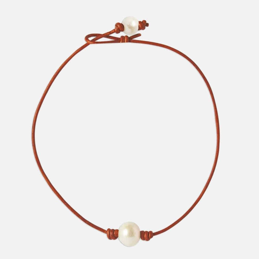 Necklaces Joie DiGiovanni | Single Freshwater Pearl And Leather Choker Cognac