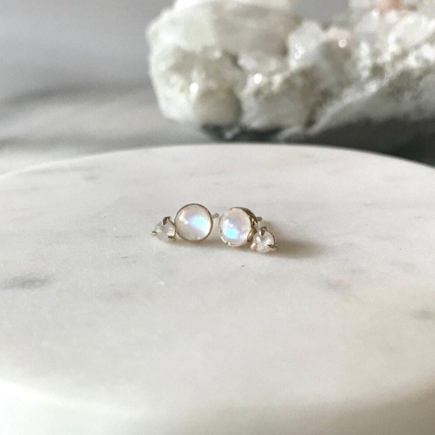 Earrings A.M. Thorne | Moonstone + Diamond Studs Rainbow