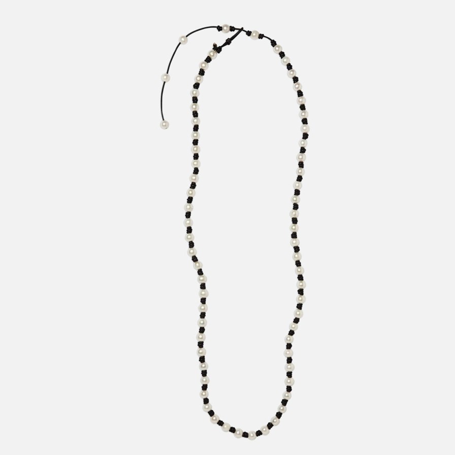 Necklaces Joie DiGiovanni | Long Knotted 10Mm And Leather Necklace With Tail Pearl