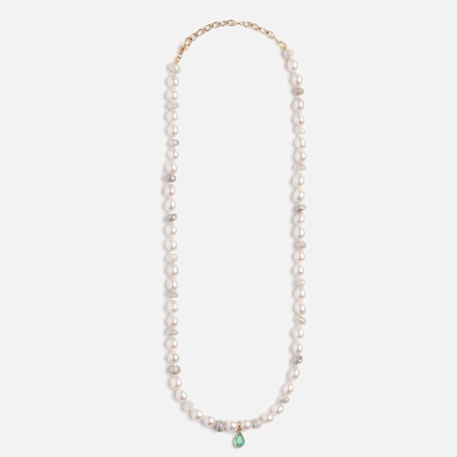 Necklaces Objet-a | Pearl And White Sapphire With Vintage Emerald