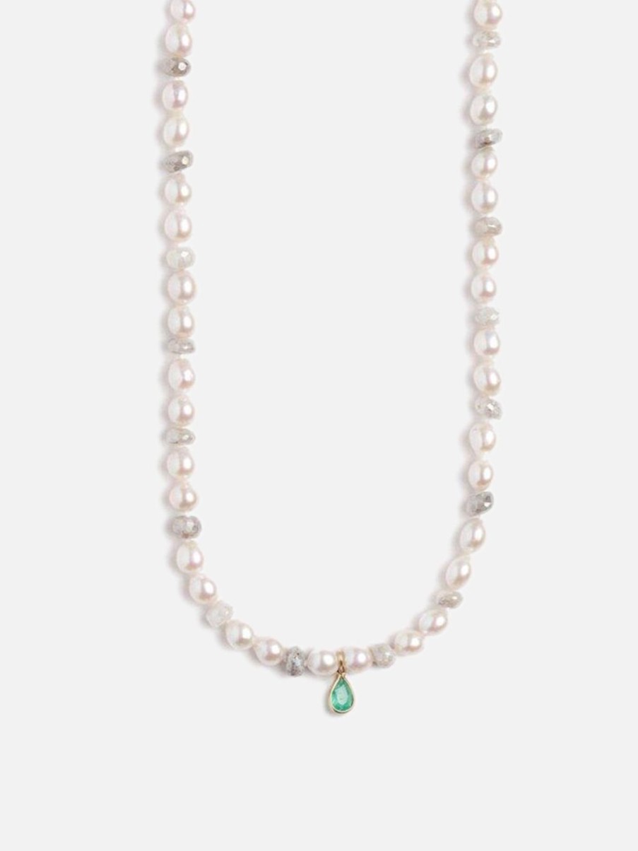 Necklaces Objet-a | Pearl And White Sapphire With Vintage Emerald