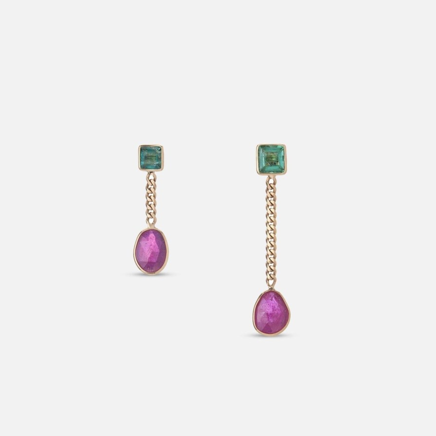 Earrings Objet-a | Asymmetrical Curb Chain Earrings, Ruby