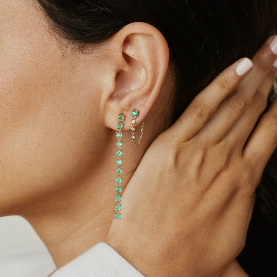 Earrings Eriness | Single Emerald Stud With Diamond Chain